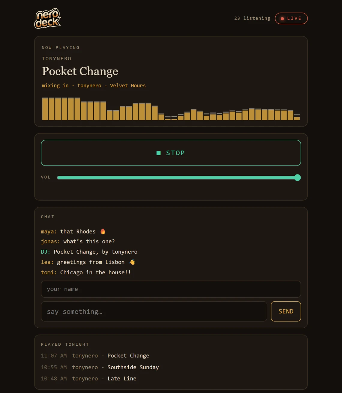The listener page: now playing, a level meter, chat and tonight's tracklist